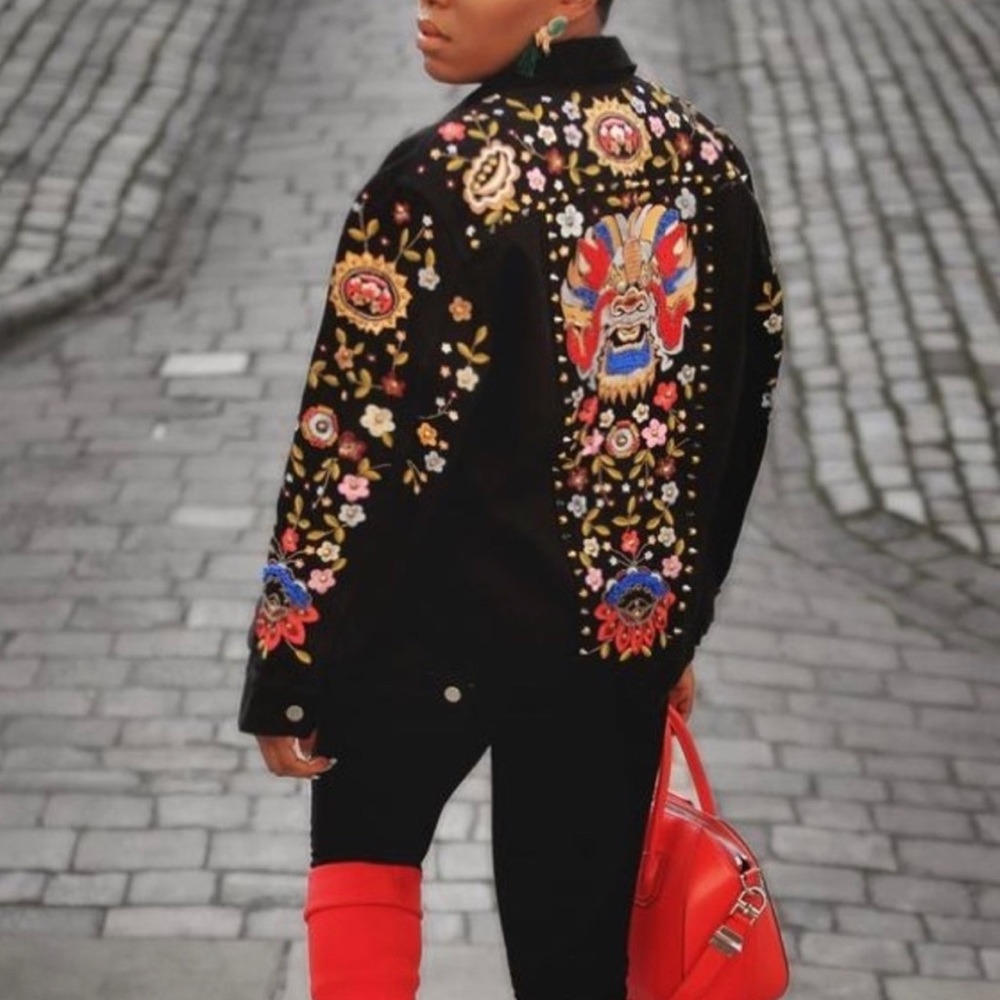 🧥Brand New French Connection Mazie Floral Embroidered Denim Jacket size 4  A42
